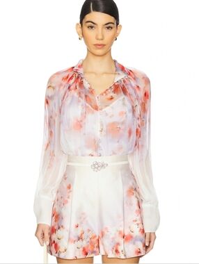 Zimmermann Crush Smock Floral Romantic Buttondown High Neck Blouse Size 2 Medium